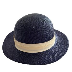 Vintage Navy Blue Straw Hat with Cream Band